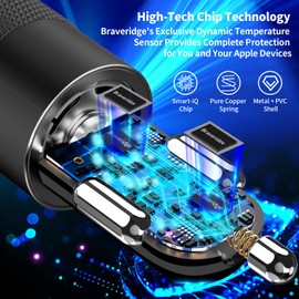 Braveridge MFi CertifiediPhone 16 Car Charger Fast Charging, Braveridge 75W USB-C PD&QC Car Power Cigarette Lighter USB Car Charger + 6FT Type-C Coiled Cable for iPhone 16 Pro Max/15 Pro, Galaxy S24/S23, Pixel