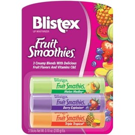 Blistex Lip Moisturizer Fruit Smoothies, 3 Creamy Blends, Melon Medley, Berry Explosion, Triple Tropical, 0.10 oz Each (Pack of 5)