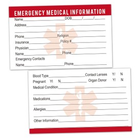 25 Emergency Medical Information ID Cards, Emergency Contact Wallet ID Cards, 3.5" x 2" Round Corner,500 GSM Thick Card Stock.