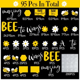 JarThenaAMCS 95Pcs Bee Bulletin Board Cutouts Summer Bee Daisy Flower Paper Cutouts with Glue Points Bulletin Board Decoration for Classroom Office School Birthday Party
