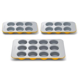 Caraway Nonstick Ceramic Muffin Pan Set - 2x 6 Cup & 1x 12 Cup – Non-Toxic, PTFE & PFOA Free – Aluminized Steel Core – For Baking Cupcakes, Muffins & More - Marigold