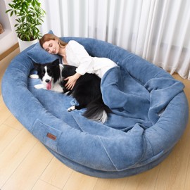 Fvkind Human Dog Bed for Adults, 73"x56"x12" Washable Orthopedic Size, Faux Fur Removable, Cozy Large Present with Blanket and Pillow, Grayish Blue