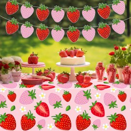 Dvaorc 4 Pack Strawberry Tablecloth Berry Table Cloth 2 x Strawberry Party Tablecloth Berry Sweet Table Cover 51 x 86 Inches 2 x Sweet One Element Banners for Fruit Themed Party, Babyshower, Birthday