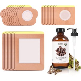 FARLE 31 Castor Oil Patches, Organic Cold Pressed Glass Bottle, 8 oz, Organic Cotton Patches Belly Button, Castor Oil Packs for Waist, Back, Neck, Arms, Self-Adhesive, Easy to Use