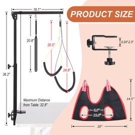 HIDOG Dog Grooming Arm with Clamp, Adjustable Dog Grooming Table Arm with Two No Sit Haunch Holder & Hammock Harness, Foldable Pet Grooming Supplies for Small Medium Dogs