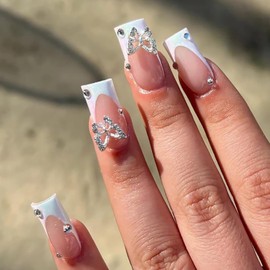 BABALAL Medium Square Press on Nails - White French Tip 3D Butterfly Rhinestone Design Acrylic Glue on Nails for Women and Girls 24 Pieces