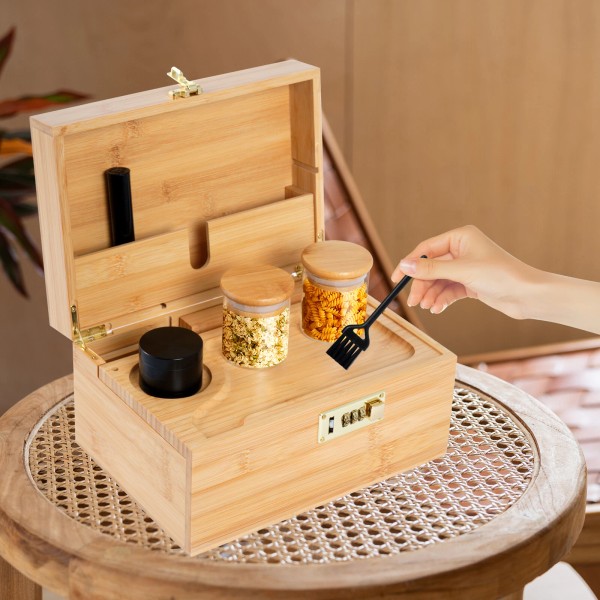 Unbranded Bamboo Stash Box with Combination Lock Smell Proof Organizer
