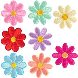 VARMDUKKE 8pcs Daisy Flower Iron on Patch, 5 Petals Flower Embroidered Applique for Clothes, Cute Floral Sew on Repair Patches for Hats, Jeans, Craft Decoration - 8 Colors