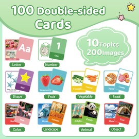 Bsenhe 100 PCS Double Sided First Words Flashcards, Flash Cards for Toddlers Age 1 2 3, Toddler Learning Toys Cards Letters Numbers Colors Shapes Animals Fruits Vegetables Foods Landscapes Flashcards