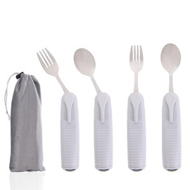 Pekokavo Adaptive Utensils Set, Angle Adjustable Arthritis Aid Silverware for Parkinsons, Hand Tremors, with Non-Slip Easy Grip Handle (4 Count (2 Spoon + 2 Fork))