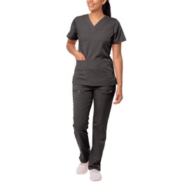 Adar Uniforms, Pro Breakthrough Plus Scrub Set For Women - Enhanced V-Neck Top & Multi Pocket Pants - 4400 - Pewter - S