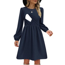 CzzzyL Pregnancy Nursing Dresses for Women Lantern Long Sleeve Maternity Square Neck Autumn A Line Breastfeeding Sundresses(Navy,Small)