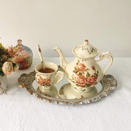 Hamphinee Oval Floral Wall Mirror Tray, Dresser Organizer Tray,，Decorative Perfume Mirror Tray, Serving Tray, 9.5’’ X 14.5’’, Gold Gray, Gray,gold