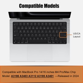 Silicone Keyboard Cover Skin for MacBook Pro 14" 16 inch M4 Pro/Max Chip A3112 A3185 A3401 A3186 A3403 Released in 2024 Touch ID Protector Accessories US/ANSI Layout (Black)