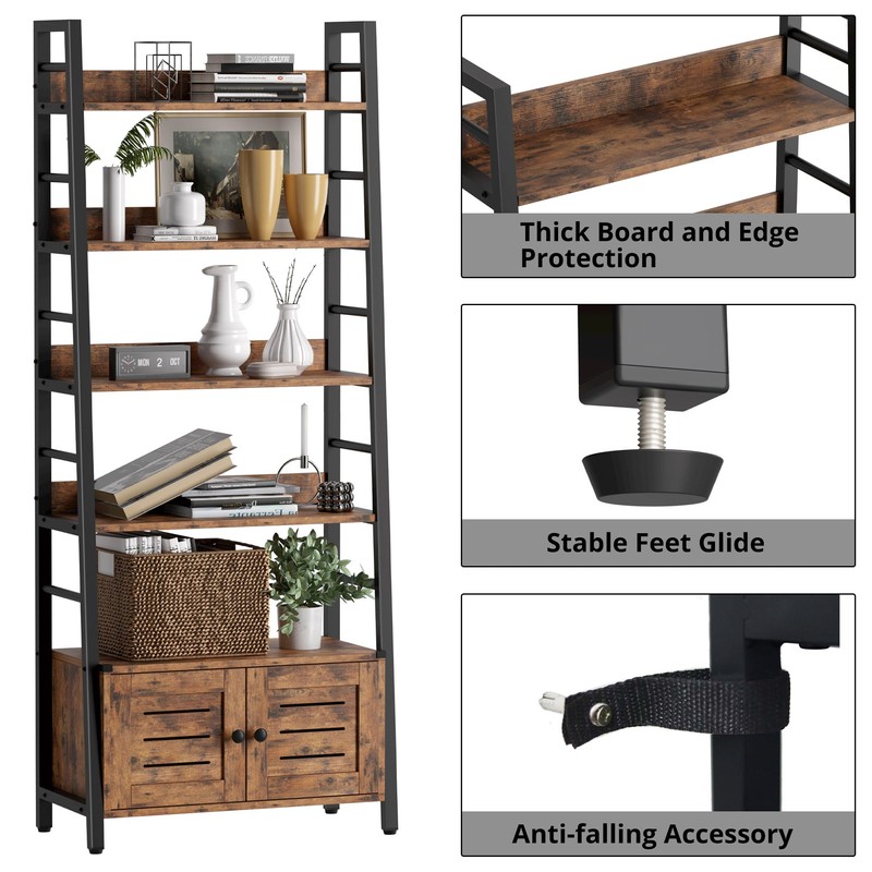 IRONCK Bookshelf with Louvered Doors, 4-Tier Ladder Shelf with Cabinet