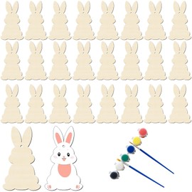 Fogcosy 24 Pack Wooden Easter Bunny Crafts Set - Easter Painting Crafts for Kids Make You Own Easter Rabbit Hanging Ornaments, DIY Wood Easter Tags Hanging Ornaments for Girls Boys Easter Decoration
