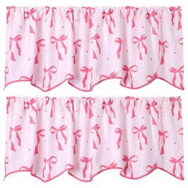 SmoothNovelty 2 Pcs Pink Bow Valance for Windows 16" l x 56" W Coquette Preppy Pink Scalloped Curtains for Kitchen Windows, Living Room, Bathroom