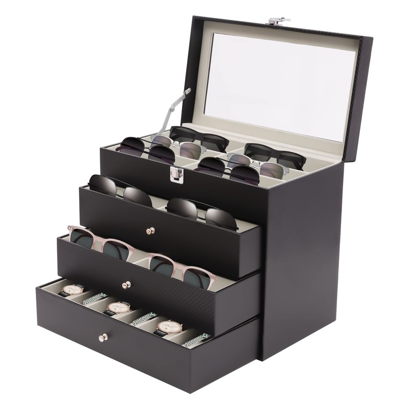 MUSESPANI 4-Layer 24-Slot PU Leather Eyeglass Organizerm, Lockable Sunglass Storage