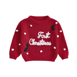 Baby Christmas Outfit Boy Girl First Christmas Sweater Infant Toddler Knit Ugly Sweaters Fall Winter Clothes (Pom pom-red, 3-6 Months)