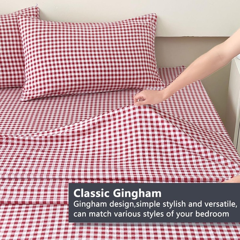 NSNLGSGC Red Gingham Twin Sheet Set, Soft Brushed Microfiber Red