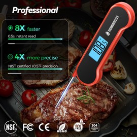 0.5 Sec Instant Read Meat Thermometer Digital with ±0.5℉ Precision, 100% Waterproof Auto Flip Bright LCD Screen, Motion Sensing Food Thermometer for Cooking Kitchen Oven Grill Candy BBQ, Red