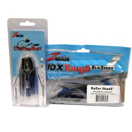 Chatterbait Kit - Z-Man 3/8oz Chatterbait + Z-Man Razor ShadZ + How to Fish The Chatterbait Guide (Black/Blue)