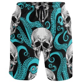 visesunny Skull Octopus Print Men's Swimtrunks Quick Dry Casual Hawaiian Mesh Lining Beach Board Shorts with Pockets