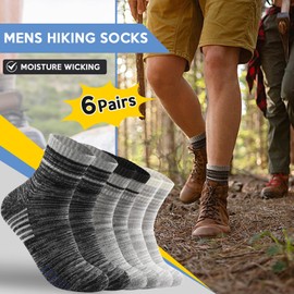 ATTIQOZI 6 Pairs Men's Hiking Socks - Lightweight Cushioned Moisture Wicking Quarter Crew Socks 2Black/2Dark Gray/2Gray 6-10