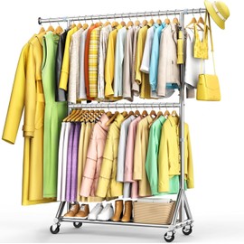 100% Stainless Steel Heavy Duty Clothes Rack Load 860LBS, Rolling Double Rods Clothing Racks for Hanging Clothes, Adjustbale Garment Rack With Sturdy Wheels Shelf, Portable Closet Rack Free Standing