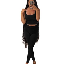 AYWA Casual Workout Sets Two Piece Outfits for Women Ribbed Crop Tank Top High Waist Leggings Active Wear (Black, Medium)
