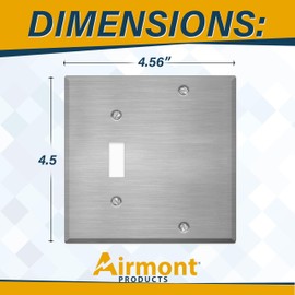 Stainless Steel Combination Switch Cover, Metal Wall Plate, 2 Gang Standard Size, 1 Toggle Switch, 1 Blank, 4.50" x 4.56" Corrosion and Heat Resistant, Unbreakable Metal, Made In USA