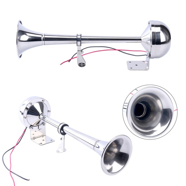 Amarine Made 12v Marine Boat Horn 115db Stainless Steel Single Trumpet Horn for Ship Truck RV Trailer , Low Tone, 16-1/8"