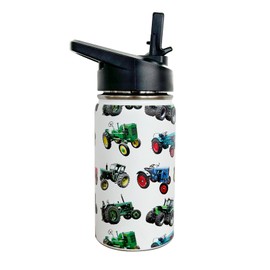 tractor Kids Water Bottle for School with Straw Lid,12oz Stainless Steel Insulated Water Bottle for Boys & Girls,Leak Proof Lid with Handle & Touch Free Spout (A05)