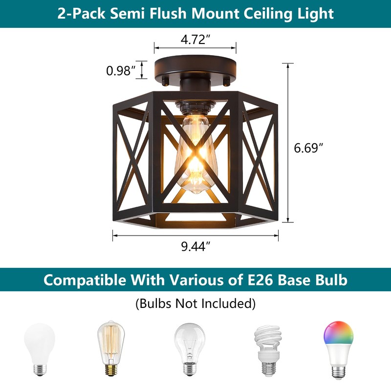 XSDeTu 2 Pack Farmhouse Semi Flush Mount Ceiling Light, Industrial