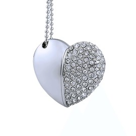 WooTeck 64GB Crystal Loving Heart Jewelry USB Flash Drive Memory Stick with Necklace,Silver