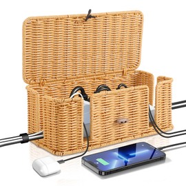 Socket Box, Rattan Handmade Cable Box, Cable Management Box, Under Desk Cable Organiser Box for Tangle Cables, Hiding Desk, Socket Box