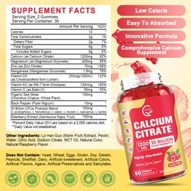 Calcium Citrate Gummies, Calcium 1200 mg with Vitamin d3, K2, Magnesium, Zinc for Bone, Muscle & Immune Support, High Absorption Calcium Supplement for Women & Men, Raspberry Flavor, 60 Chews