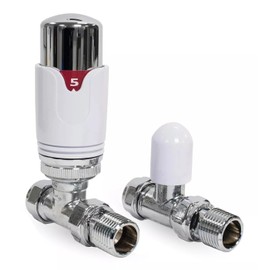 Straight Thermostatic Radiator Valves TRV & Lockshield Pack 15mm x 1/2" Drayton TRV4 Style Chrome/White - TCEM