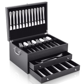 DoubleFill 3 Layer Leather Silverware Storage Box with Lid Drawer Handle, 15.3 x 11.2 Inch Silverware Chest Case with Felt Lined, Flatware and Utensils Organizer for Kitchen Gift, Without Flatware