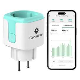 GreenSun WLAN Socket with Bidirectional Current Measurement for Balcony Power Station - Smart Life App, Timer, Voice Control Alexa/Google, 16A Overload Protection, 2.4 GHz, White & Cyan