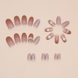 Press on Nails Oval Medium Length Daisy Cat Eye False Nails Artificial Acrylic Nails Glitter Diamond Design Spar Cat Eye Fake Nails Full Cover Glossy Reusable Coffin Nails Glue on Nails for Women