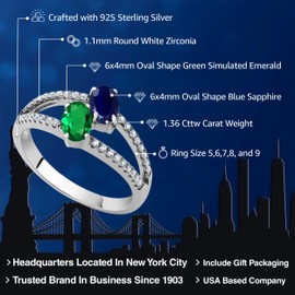 Gem Stone King 925 Sterling Silver Blue Sapphire and Green Simulated Emerald 2 Stone Ring For Women (1.36 Cttw, Gemstone Birthstone, Available In Size 5, 6, 7, 8, 9)