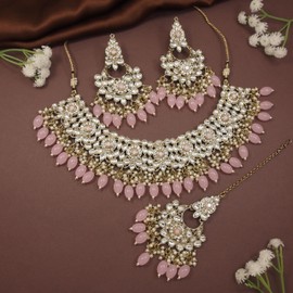 I Jewels Gold Plated Indian Wedding Bollywood Kundan Pearl Drop Bridal Choker Necklace With Chandbali Earrings & Maang Tikka Jewellery Set For Women (K7256) (Pink)