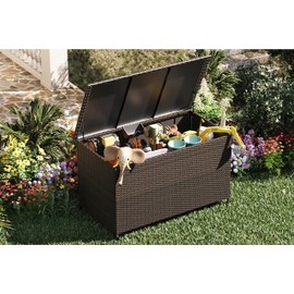 185 Gallon Large Wicker Deck Box, All-Weather Outdoor Storage Box, Rattan Storage Bin for Patio Furniture, Outdoor Cushions, Pool Storage and Garden Tools