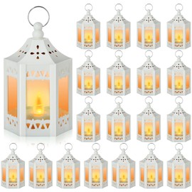 Hortsun 20 Pcs Ramadan Lantern LED Candles Mini Lantern Eid Mubarak Decorative for Table Centerpiece Battery Powered Hanging Tealight for Wedding Diwali Home Decor(White)