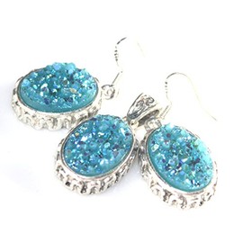 SILVER Vintage Style Sky Blue Rainbow Titanium Druzy Oval Pendant & Earrings Jewelry Set