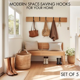 Decorative Coat Hooks For Wall Mount Set of 5 - Stylish and Sturdy Black Metal Double Hooks Are Perfect To Hang Your Jackets, Towels Or Hats - A Modern Addition To Any Farmhouse or Minimal Home Decor