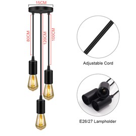Vintage Pendant Light Fitting, Industrial Modern 3-Light Ceiling Pendant Lighting with Adjustable Cable E27 Holder Hanging Light for Dining Room Bar Bedroom