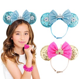 DRESHOW Minnie Ears Headbands Mouse Ears Sequin Bow Headbands Elastic Adjustable Headband Glitter Party Decoration Cosplay Costume for Women Girls