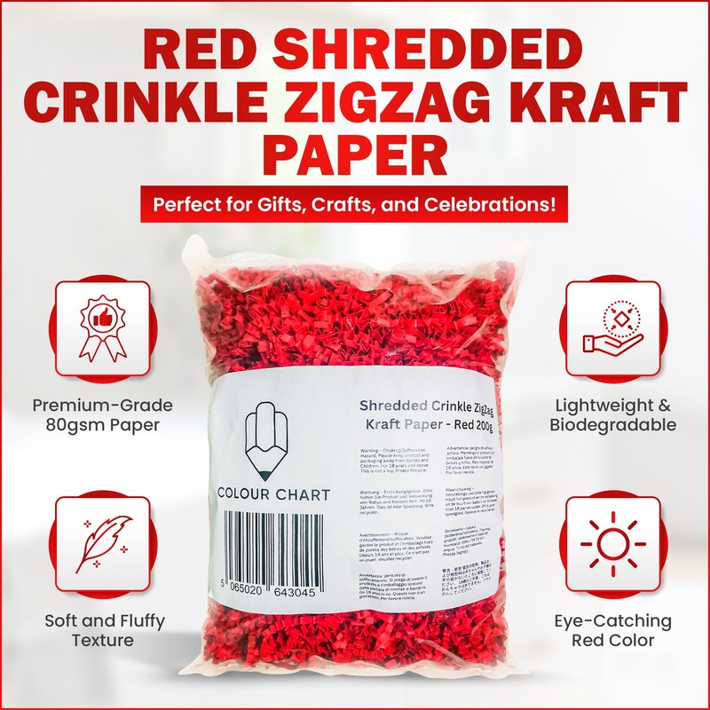 Shredded Crinkle ZigZag Kraft Paper, 200g, Red, for Gift Box